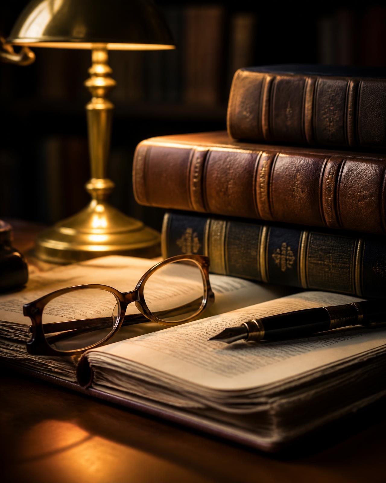 Leather-bound law books and reading glasses under a brass lamp