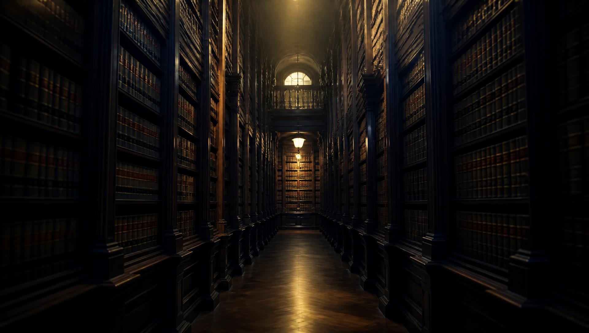 Aisle of a grand law library lined with legal volumes